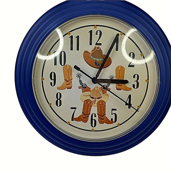 Vintage Children's Cowboy Wall Clock Hats Boots 11" Blue Plastic Battery Op - Picture 1 of 4